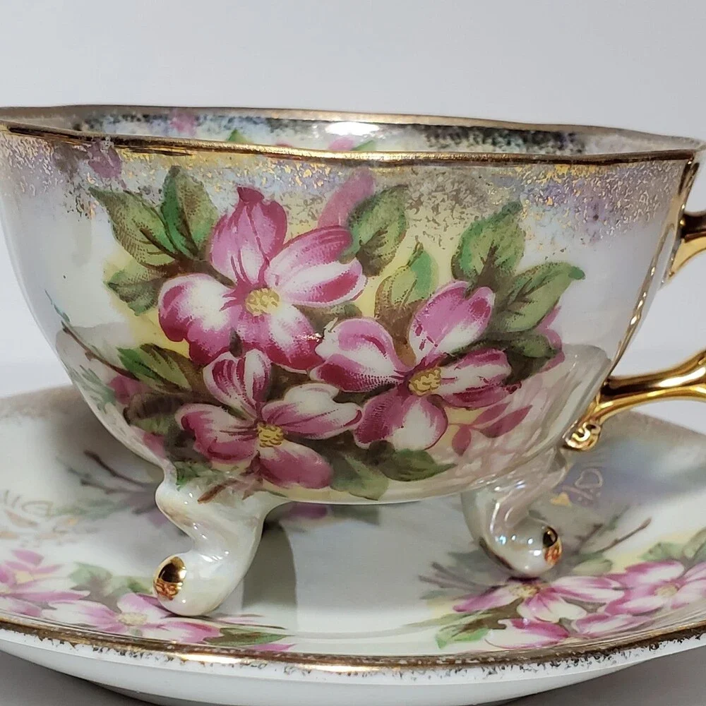 Sterling China Teacup and Saucer Pink Flowers Vintage